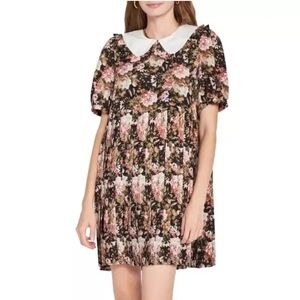 New Anthropologie En Saison Black Floral Contrast Collar Mini Dress XS